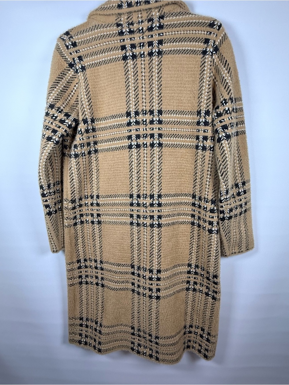 Tahari Women’s Camel Plaid Fall Winter Coat Double Breasted Long Coatigan Size S - Picture 2 of 8